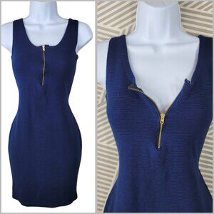 Vintage 80s Sexy Evening Dress size Small Blue Clubbing Bodycon Zip Mini